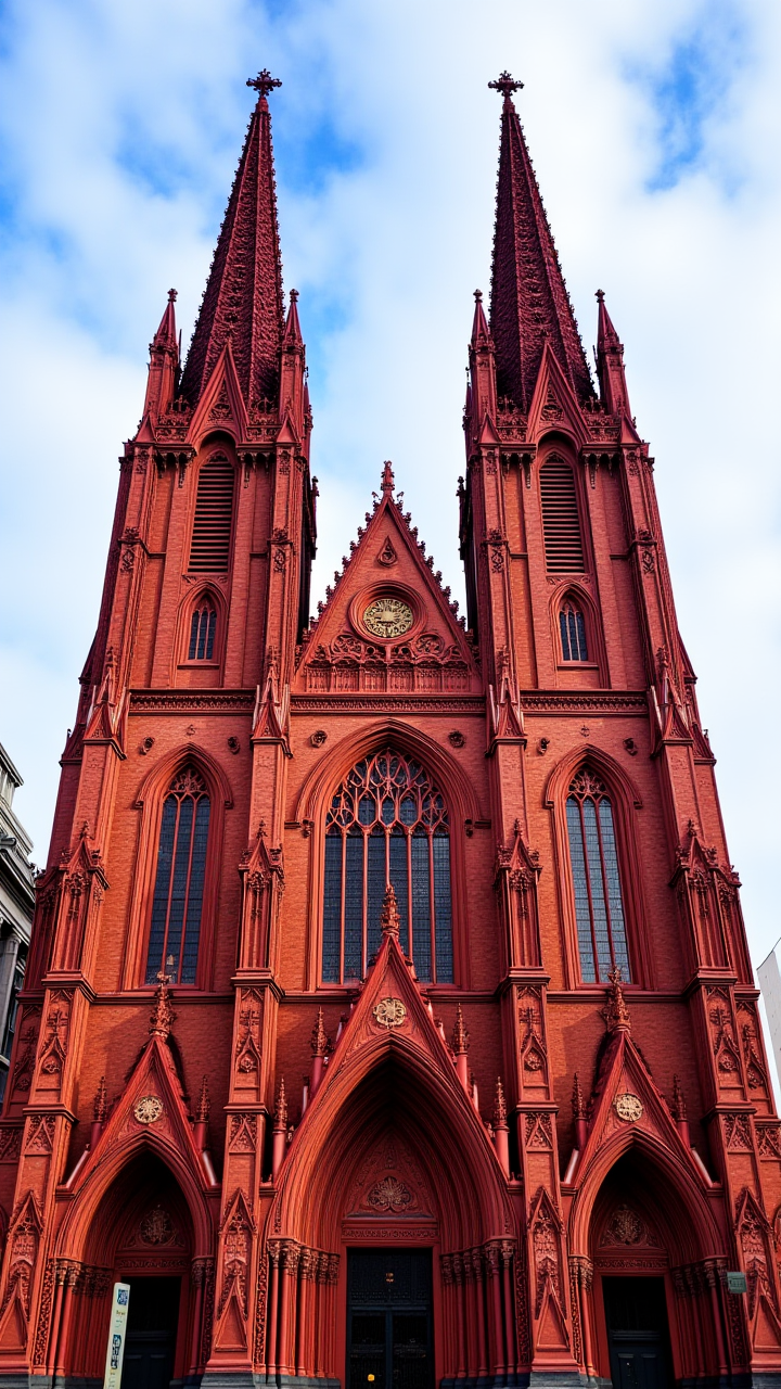 The iconic Saint-Édoux Cathedral stands tall and proud in the heart of New York City. Its intricate architecture is a blend of rich, deep reds and oranges, aidmaHyperrealism