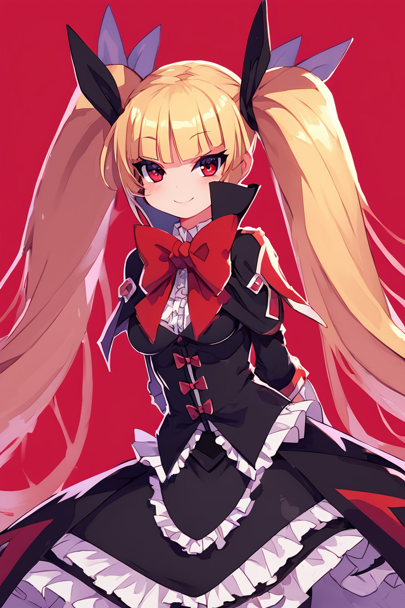 score_9, score_8_up, score_8, medium breasts, (curvy), cute, eyelashes,       ,,, , ,,,  zzRachel, long hair, blonde hair, red eyes, twintails, very long hair, bow, ribbon, hair ribbon, red bow, black dress, frills, <lora:RachelAlucard_PDXL:1.0>, hands behind back, leaning forward,  ,,,, BREAK, smile, looking at viewer, cowboy shot, ,,, embedding:zPDXL, Expressiveh, ,,, <lora:Zankuro_Style_PDXL:0.8> <lora:SDXLFaeTastic2400:0.5>, <lora:Expressive_H-000001:0.4>,