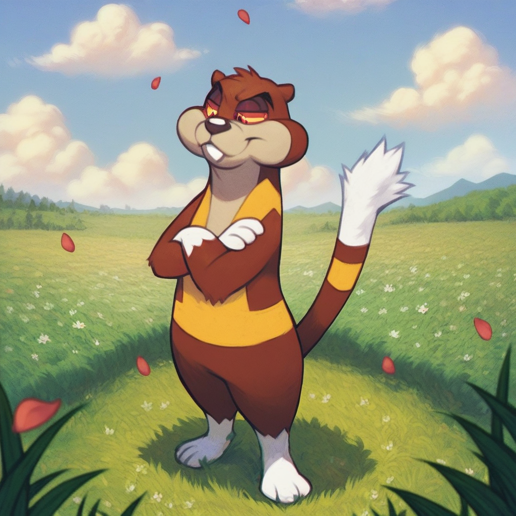 score_7_up, score_8_up, full body, solo male, cowboy shot, watchog, buck teeth, multicolored eyes, tail, crossed arms, half open eyes, smirking, outdoors, beautiful scenery, grassy hills, flower petals flowing, windy, clouds, godrays,