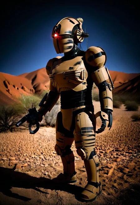 easynegative, extremely detailed, dark, chiaroscuro, low-key, AssaultronCosplay, zavy-strps, a tan assaultron robot, ((the assaultron has brown stripes painted on its armor)), ((tiger stripe pattern)), in the deserts of Arizona