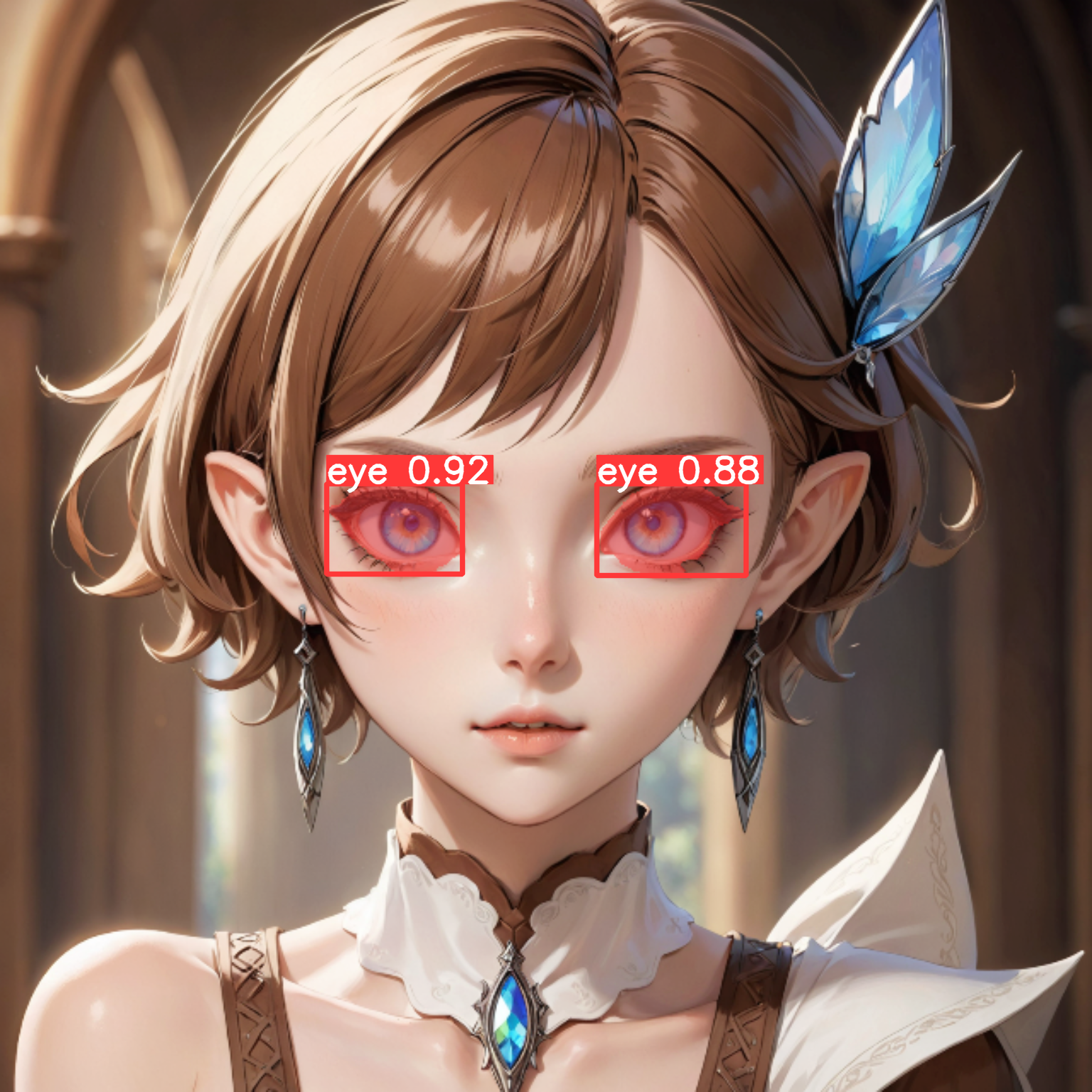 ethereal fantasy concept art of  anime artwork beautiful woman,cowboy shot,pixie cut,Warm Brown lipstick,iridescent trim,Blue eyes,eyeshadow,makeup,earrings,hairclip,elf,pointy ears, . anime style . magnificent