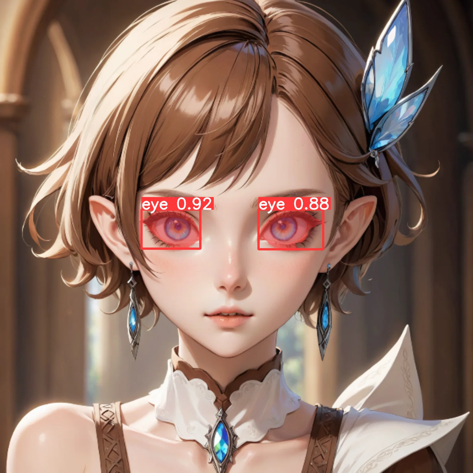 ethereal fantasy concept art of anime artwork beautiful woman,cowboy shot,pixie cut,Warm Brown lipstick,iridescent trim,Blue eyes,eyeshadow,makeup,earrings,hairclip,elf,pointy ears, . anime style . magnificent