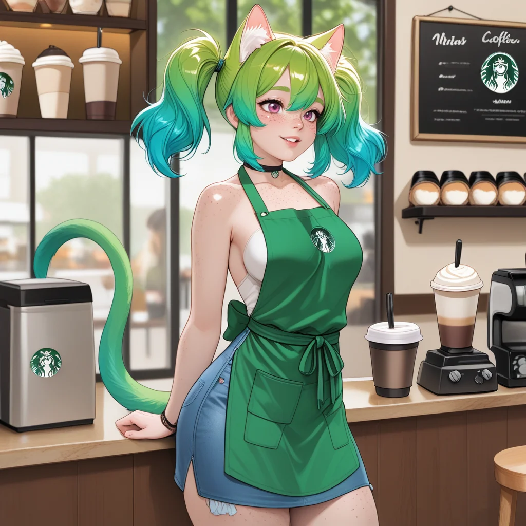 1girl,<lora:Klover Pony:1> Klover, freckles, tail, barista, coffee shop, apron