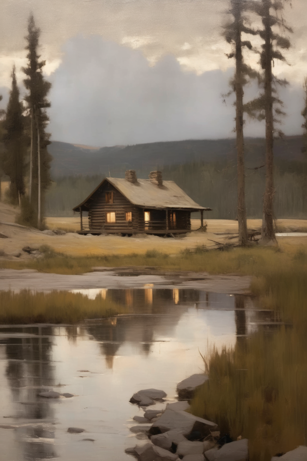 <lora:Worthington Whittredge Style:1>Worthington Whittredge Style - serene beautiful landscape captured on canvas, charming log cabin in the Yellowstone river valley, muted color palettes of Frank Holl and Brge Bredenbekk, light gray and bronze tones embraced by Nick Alm and Matti Suuronen, characteristic of the style of Claude Bgard's and Dansaekhwa. Unveil the harmonious connection between humanity and the surrounding environment, villagecore, groundcore, muted