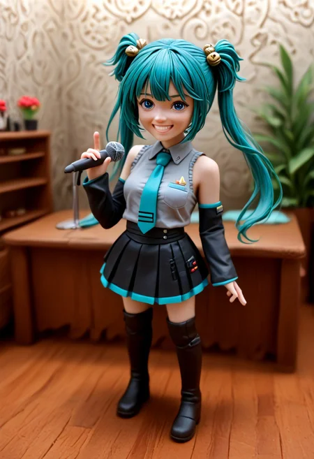 score_9, score_8_up, 1girl, Cui, solo, (rating_safe: 1.2), (absurdres,8k, best quality, masterpiece, very aesthetic), zPDXL3, clay figurine, chibi, blue eyes, green hair, twin tails, hair bells, narrow waist, flared waist, hatsunemikucosplay, hatsune miku \(cosplay\), aqua necktie, black footwear, black skirt, black sleeves, boots, collared shirt, detached sleeves, grey shirt, necktie, pleated skirt, shirt, skirt, sleeveless, sleeveless shirt, thigh boots, tie clip, black pantyhose, detailed background, indoors, v over eye, cute pose, happy, light grin, singing, microphone, holding microphone, standing on table, living room, depth of field, looking forward, female focus, (full body, viewed from above: 1.2)