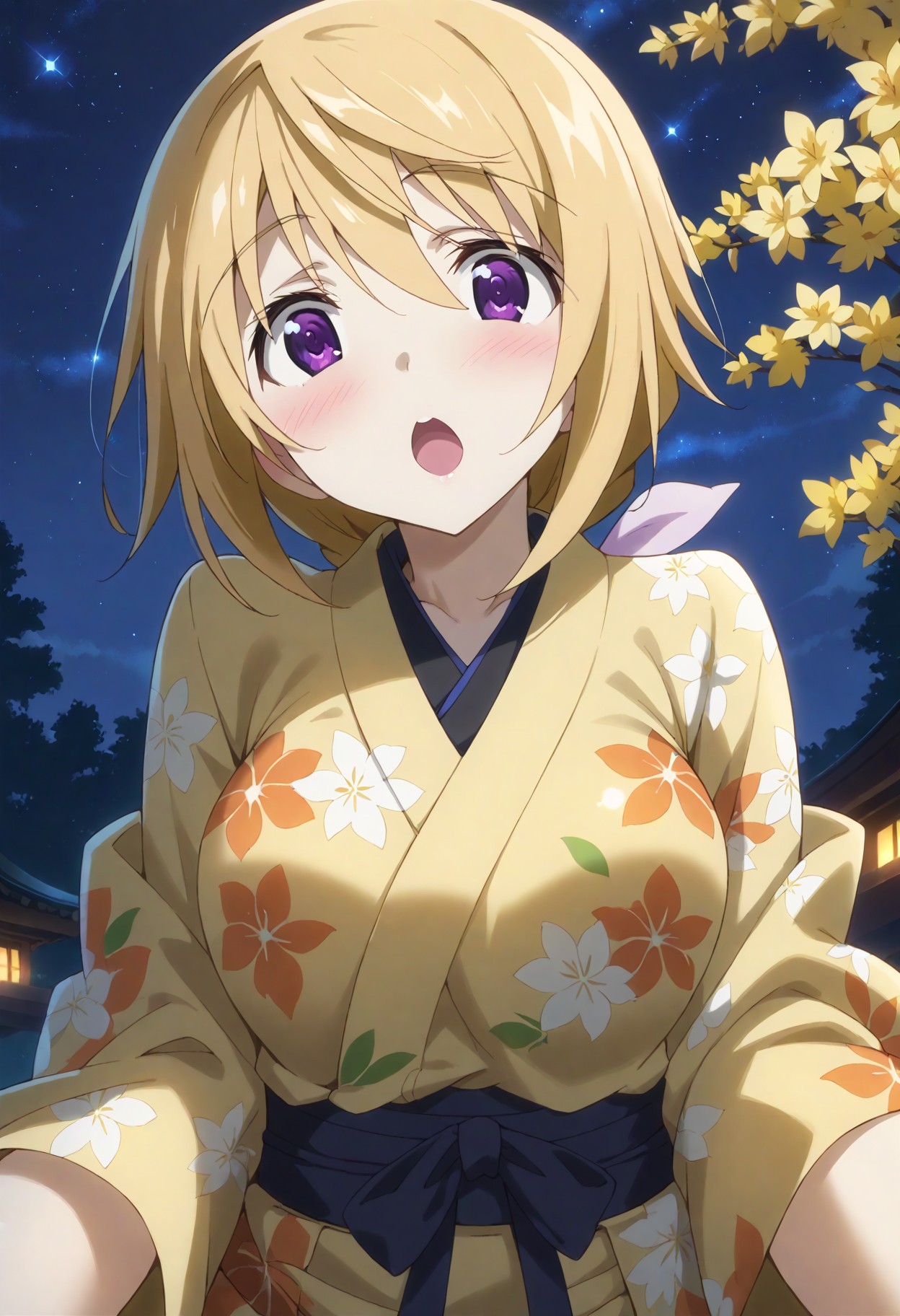 score_9, score_8_up, score_7_up, source_anime, masterpiece, best quality,perfect anatomy,rating_explicit,charl, other,yellow flower print kimono,large breasts,blush,tareme,drooping eyes,shiny skin,outdoors,night,tree,starry sky,solo focus,pov,chestnut mouth,wide-eyed, <lora:charl.pony:1>