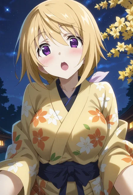 score_9, score_8_up, score_7_up, source_anime, masterpiece, best quality,perfect anatomy,rating_explicit,charl, other,yellow flower print kimono,large breasts,blush,tareme,drooping eyes,shiny skin,outdoors,night,tree,starry sky,solo focus,pov,chestnut mouth,wide-eyed, <lora:charl.pony:1>