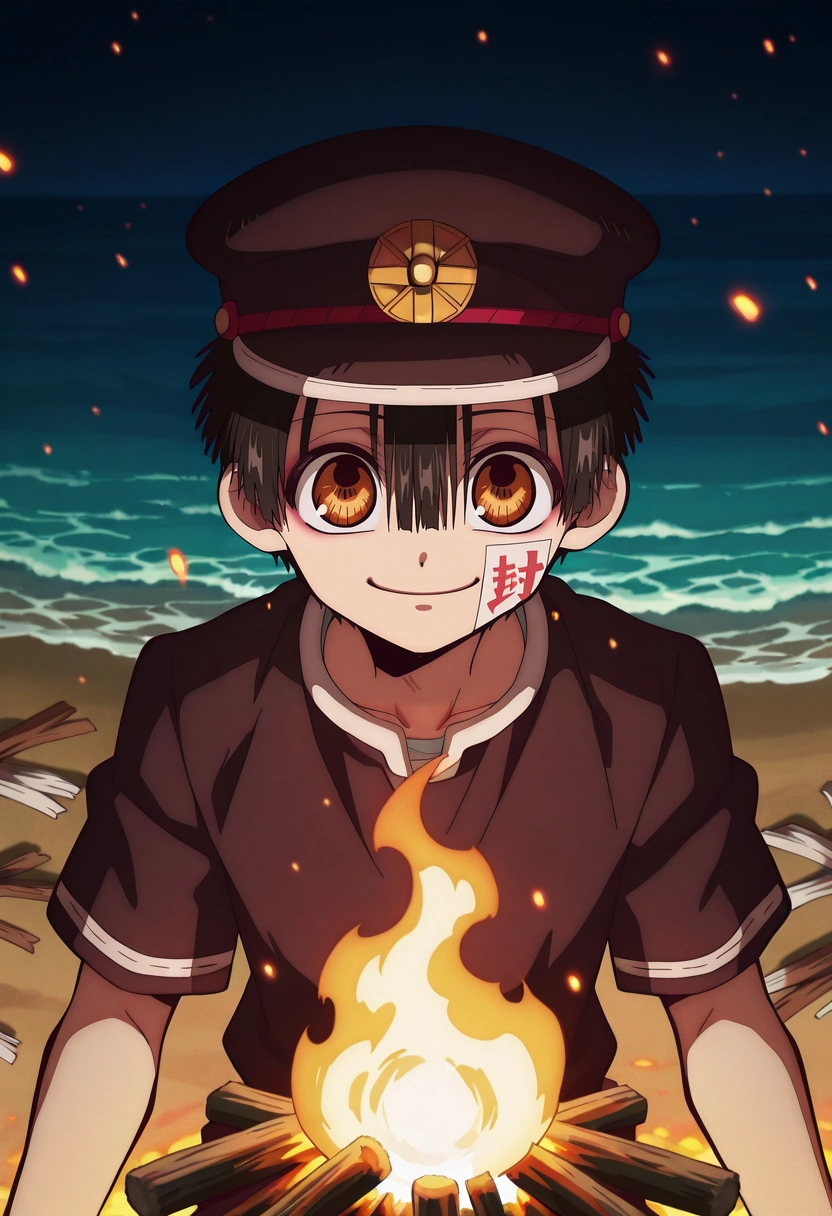 masterpiece, best quality, , anime screencap, anime coloring, official style, looking at viewer, 1boy, solo, male focus, <lora:hanako-kun_ilxl:0.98>, hanako-kun, black hair, brown eyes, short hair, hair between eyes, bangs, hat, black headwear, , , beach bonfire, glowing embers, scattered driftwood, distant waves, gathering pose, cheerful expression, warm glow,