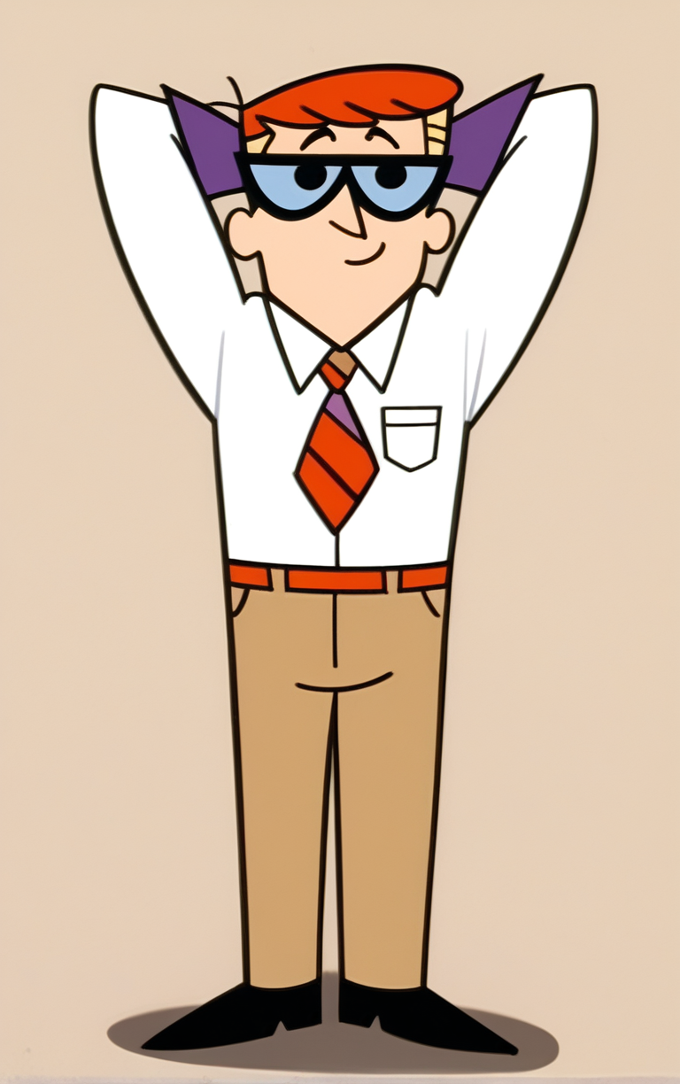 score_9, score_8_up, score_7_up, looking at viewer,  BREAK
PONYXL_STYLE_DextersLaboratory_ownwaifu,
1boy, male focus, parody, short hair, glasses, shirt, white shirt, purple gloves, pants, collared shirt, necktie, chibi,
(watson cross, arms behind head, full body), spotlight, shadow, simple background, shoes, from above, looking up,  <lora:PONYXL_STYLE_DextersLaboratory_ownwaifu:0.8> , depth of field, solo,