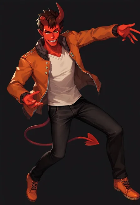 score_9, score_8_up, score_7_up, (best-quality: 1.5), 1boy, demon boy, red skin, demon horns, demon tail, brown hair, orange jacket, white shirt, black pants, orange shoes, black-background:1.5, black background, simple background, detailed eyes, detailed-eyes:1.5, floating, unique pose, dynamic angle, solo:1.5, smirking, feh_seoreh_pnxl,