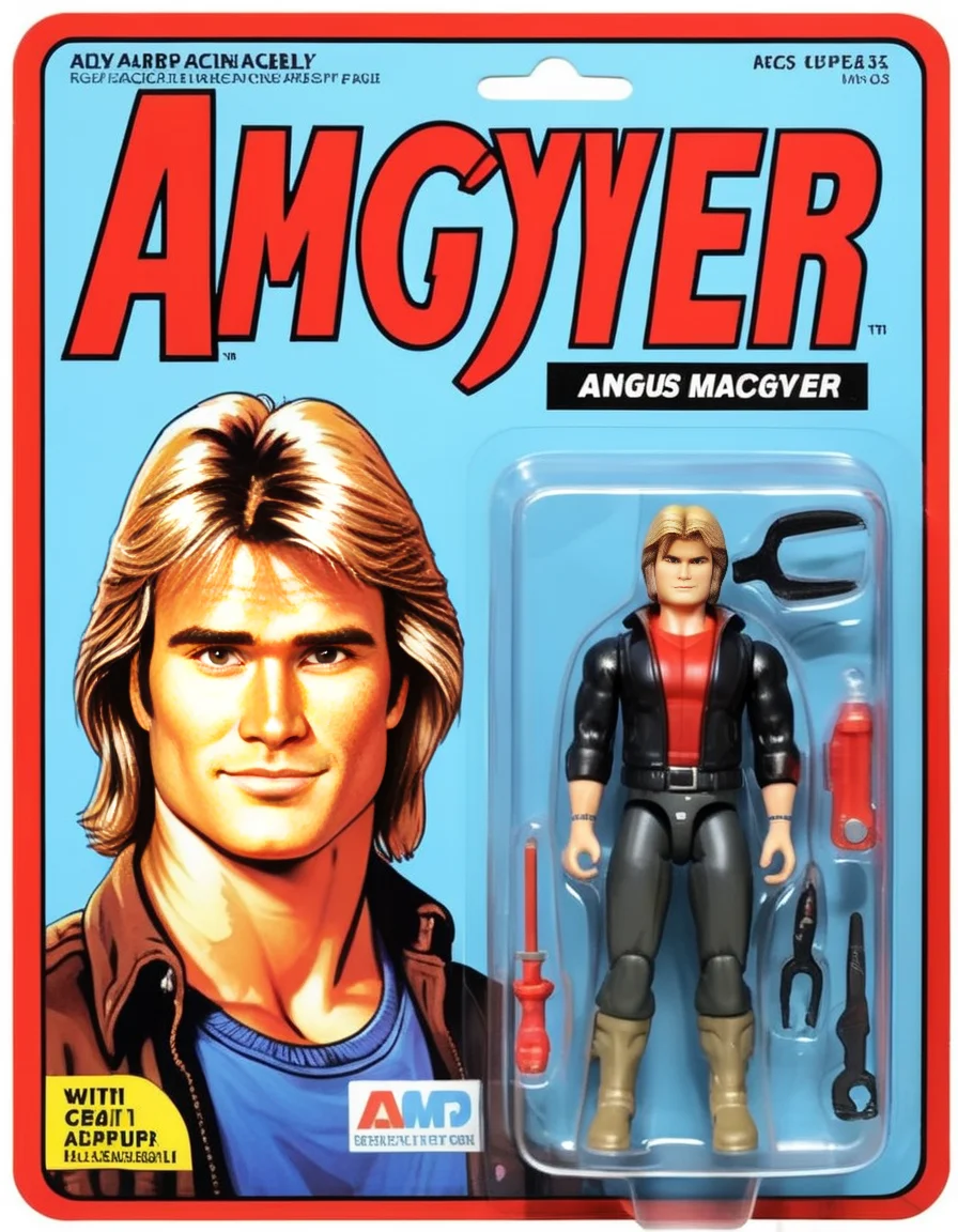 A photorealistic image of Angus MacGyver, with a crisp, lifelike appearance. MacGyver is portrayed with his characteristic intelligent gaze and inventive demeanor. Beside him, a cartoon-style illustration of MacGyver adorns a product packaging, vivid and colorful. The packaging is sleek, with the name 'Angus MacGyver' prominently displayed in bold, eye-catching fonts. Next to the packaging, there's a detailed action figure of MacGyver, complete with miniature tools and gadgets, capturing his essence as a resourceful hero. The overall composition is balanced, showcasing both the realistic and animated representations of the iconic character.<lora:gonza_v2:0.75>