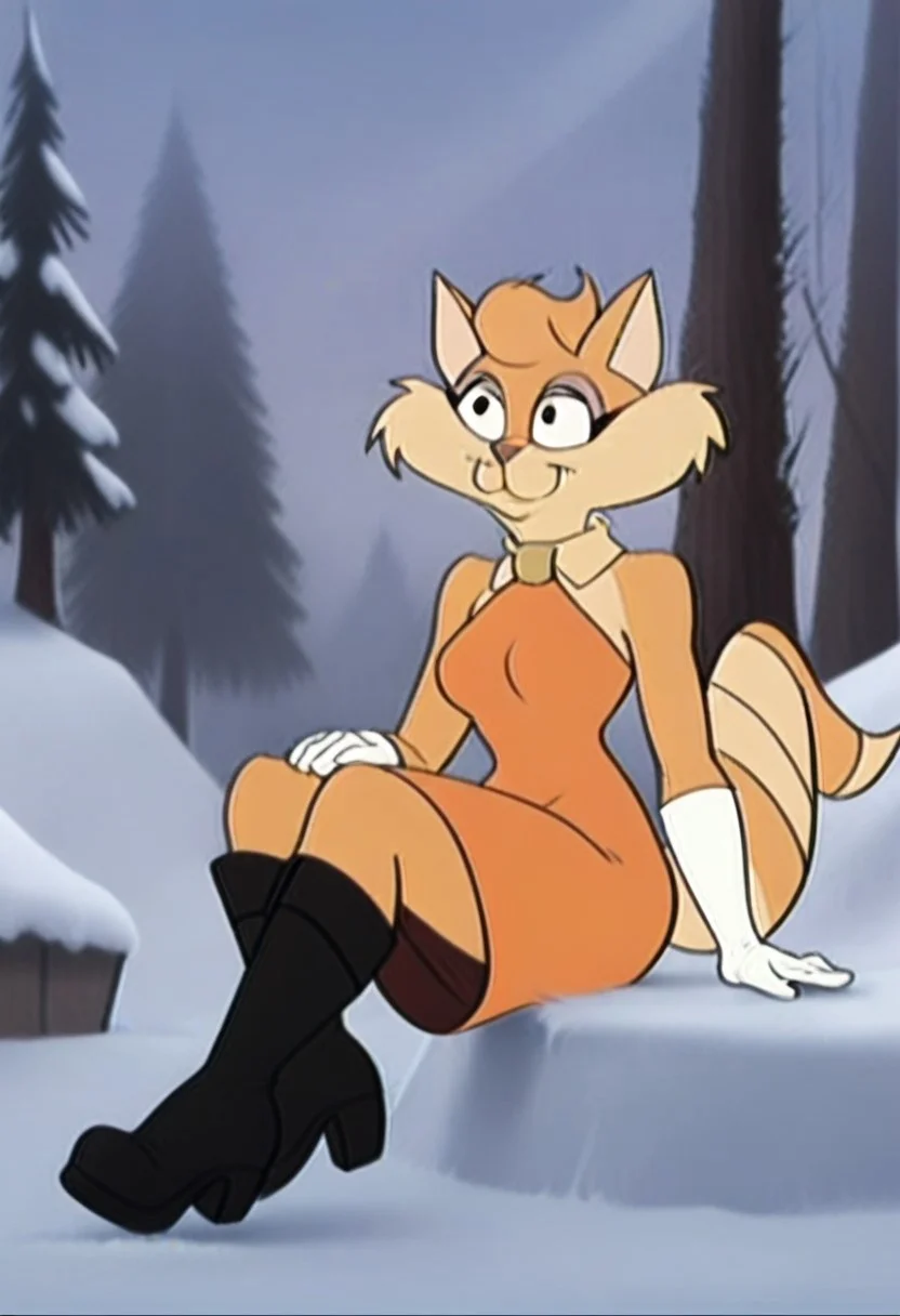 score_9, score_8_up, score_7_up, score_6_up, score_5_up, score_4_up, source_furry,detailed eyes, detailed face, (retro artstyle, 1990s \(style\), flat color, toon \(style\)),Ginger_Wildcat,black eyes,short hair,cat ears,big cat tail,cat girl,female,furry,brown fur,big cat tail,1girl, female, dress, solo, furry,black eyes, breasts, outdoors, red dress, snow, tree, signature, medium breasts, sleeveless dress, boots, black footwear, sleeveless, orange dress, closed mouth, bare shoulders, full body, body,short hair,  arm support, gloves, sitting,