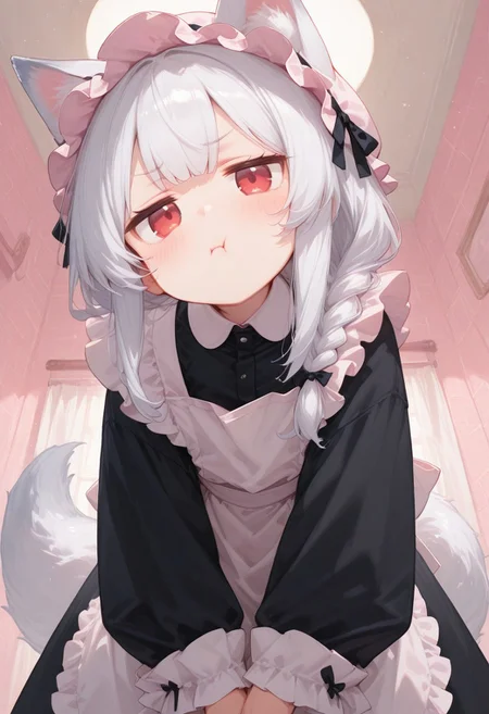 1girl, chibi, (solo), long white hair, long sidelocks, single braid, loosely braided, hair on shoulder, fox ears, red eyes, oversized maid clothes,black clothes, full sleeves, cute apron, maid mob cap, frilled clothes, oversized huge clothes, long fluffy fox tail, (jitome eyes), blush, looking at viewer, pout, cute headtilt, standing, leaning forward, v arms, closeup, from below, cute kira kira colors,minimalist background,cute room, masterpiece,best quality,amazing quality,ricottestyle