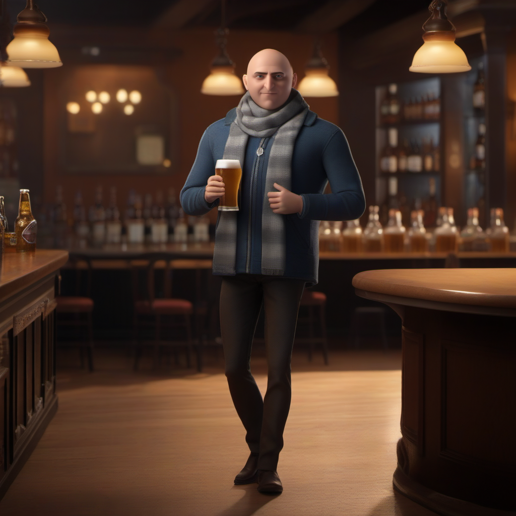 professional 3d model a full body portrait bald man, scarf, having a beer in a pub  <lora:Gru1024:0.8> . octane render, highly detailed, volumetric, dramatic lighting