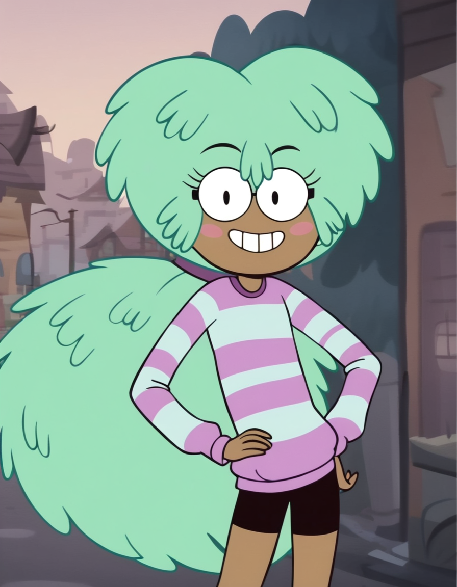 <lora:KellyStarVSPony:0.9> kelly, 1girl, glasses,green long hair, grin,  ponytail, blush stickers, striped, smile, long sleeves, bike shorts, score_9, score_8_up, score_7_up, score_6_up, score_5_up, score_4_up, looking at viewer, hand on own hip, cowboy shot,outdoors,