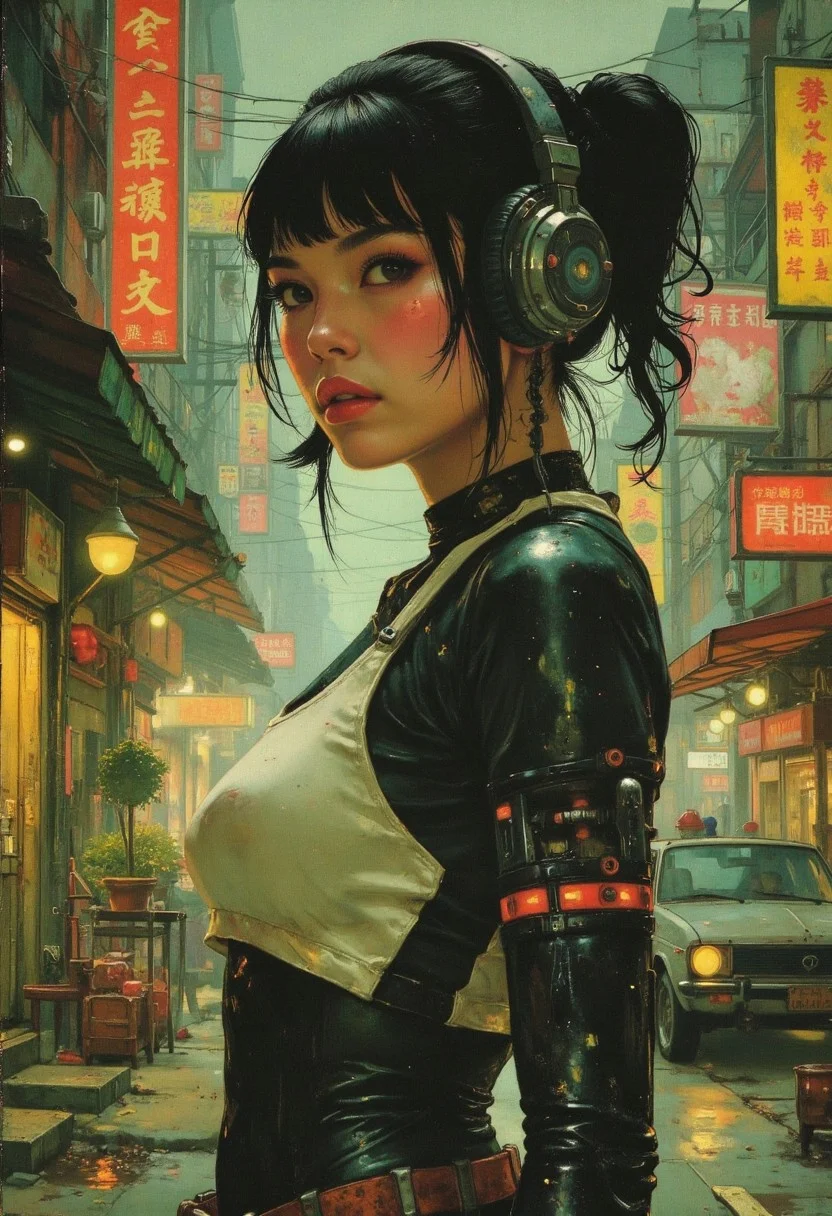 19th century Victorian oil painting by Ernest Normand, cyberpunk anime, stunning upper body portrait of a young Korean woman wearing white and black sci-fi power armour, headphones with microphone, dark red eyeshadow, she has mechanical cyborg arms, standing cyberpunk street at night, neon signs and advertising, bokeh, side lighting
