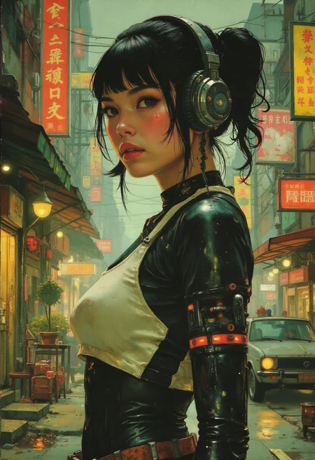 19th century Victorian oil painting by Ernest Normand, cyberpunk anime, stunning upper body portrait of a young Korean woman wearing white and black sci-fi power armour, headphones with microphone, dark red eyeshadow, she has mechanical cyborg arms, standing cyberpunk street at night, neon signs and advertising, bokeh, side lighting