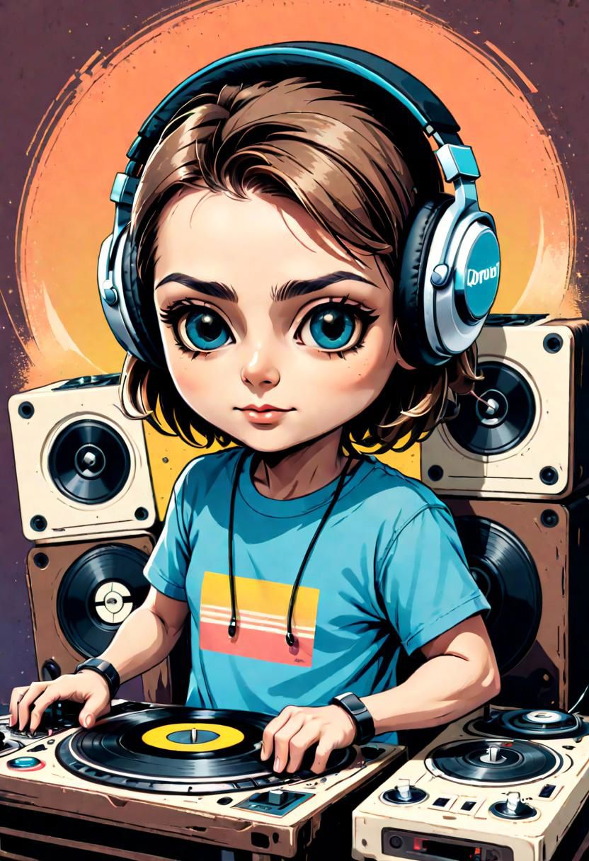 Vintage T-shirt,  Chibi art style , Famous DJ scratching turntable, wearing headphone , Cozy music room background,  facing to viewer, Retro Color Palette, Distressed Texture, Sketch Style, Horizon Perspective , T shirt design, TshirtDesignAF