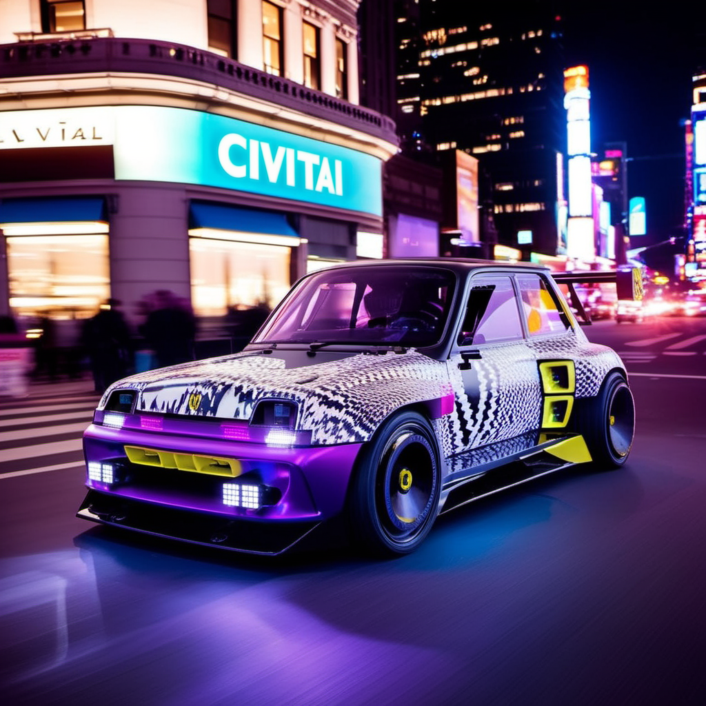 Long exposure photo of cinematic photo Long exposure photo of R5e1024, an pearly purple electric rally, car, text ''CivitAI", new york, neon ligths, photography, ultra sharp, film, professional, 64k <lora:add-detail-xl:1.5>  <lora:R5Turbo3E-1024-000235:0.8> . Blurred motion, streaks of light, surreal, dreamy, ghosting effect, highly detailed