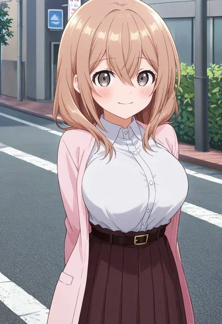 masterpiece, best quality, absurdres, very aesthetic, general,
katase shiori, 1girl, blush, solo, smile, large breasts, arms behind back, brown hair, brown skirt, hair between eyes, white shirt, closed mouth, high-waist skirt, long hair, looking at viewer, pink jacket, collared shirt, eyebrows visible through hair, medium hair, light brown hair, long sleeves, long skirt, standing, pink coat, outdoors, black belt, open jacket, dress shirt, solo, shiny hair,  buckle, shirt tucked in,  wing collar, belt buckle, open cardigan, brown eyes, street, brown belt, open coat, black skirt, pink shirt, grey background, buttons, pleated skirt, cardigan, grey eyes, straight-on 
<lora:katase_shiori_illustXL_locon_v1:0.7>