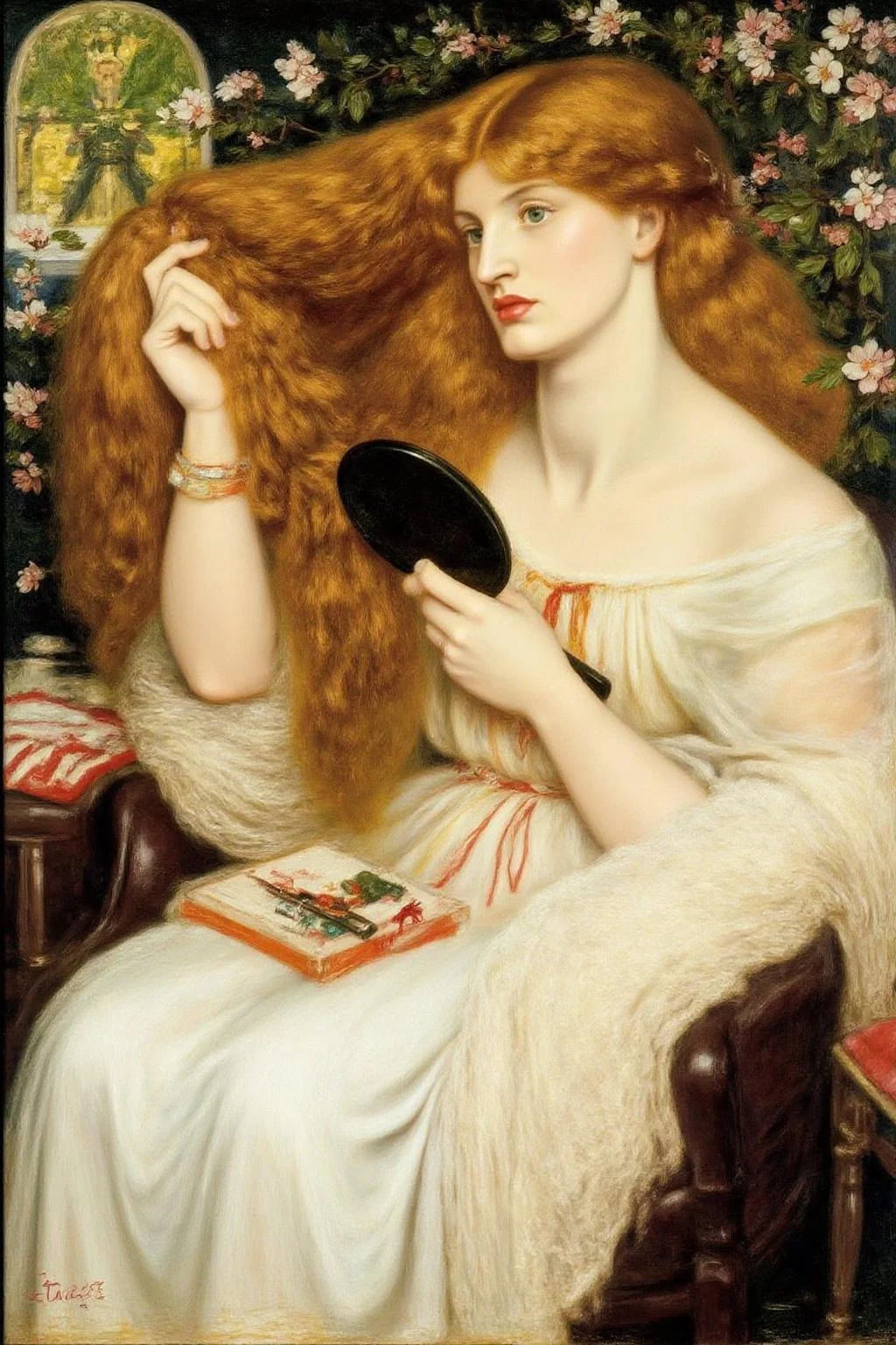 dgr painting.
A woman combining her hair. She is looking at herself with a hand held mirror .
 <lora:dgr1_cap_d6a3e8:1.0><lora:819489604425008342:0>
