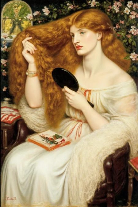 dgr painting.
A woman combining her hair. She is looking at herself with a hand held mirror .
 <lora:dgr1_cap_d6a3e8:1.0><lora:819489604425008342:0>