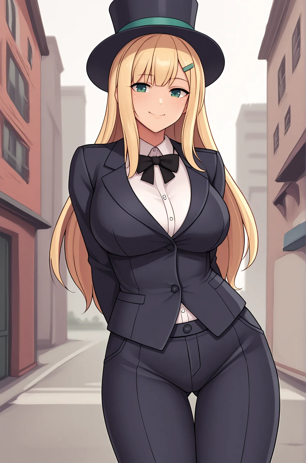 anime artwork, score_9, score_8_up, score_7_up, score_6_up, score_5_up, score_4_up, source_anime, BREAK, thick outline, fat outline,
Yomi_XL, green eyes, blonde hair, long hair, green hairclip, large breasts, BREAK, business suit, top hat, BREAK, city streets, hands behind back,
<lora:Yomi_XL:0.7>
<lora:PersonalAmi_PonyXL:1.0>