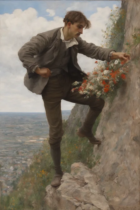 Jules Bastien-Lepage Style - oil painting of man on the edge of a precipice throwing flowers over the edge, Style of Jules Bastien-Lepage
