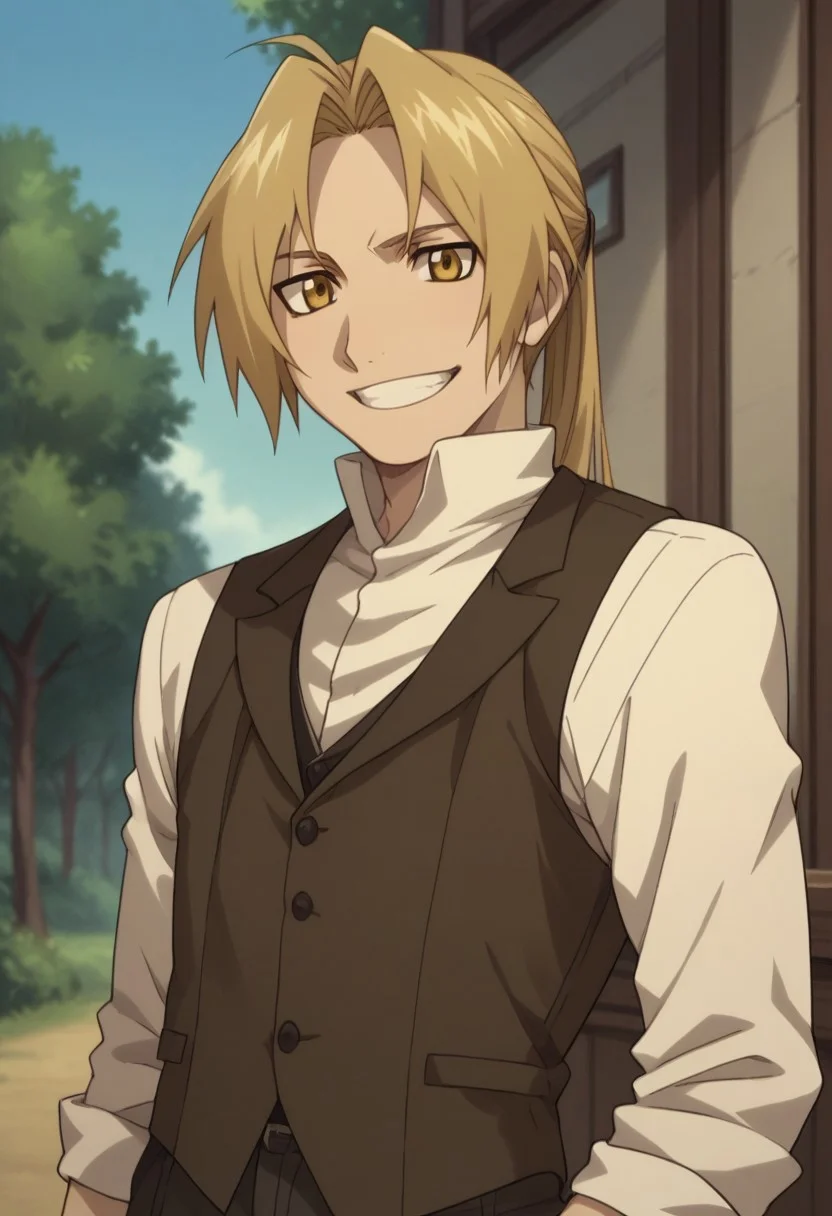 score_9, score_8_up, score_7_up, source_anime, highly detailed,
edwardelric, 1boy, solo, blonde hair, male focus, yellow eyes, ponytail, pants, shoge, shirt, gloves, shite shirt, vest, upper body
upper body, slender, skinny, big smile, grin,
outdoor,