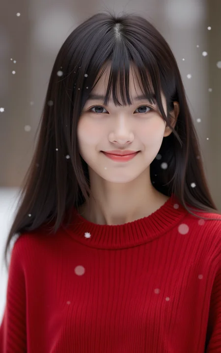 A black-haired girl in a close-up upper body shot,wearing a vibrant red sweater,smiling with an elegant pose. Snowflakes gently falling around her,with a blurred background to highlight her facial expression and the texture of the sweater. Soft natural light creates a warm atmosphere,realistic photography style.,<lora:baby-base-01-flux:0.7>,baby,long black hair,bangs,she has a slender physique and a petite build,