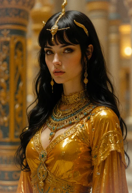 ,petite, human Egyptian vampire queen, goddess ,golden dress, snake wrapped around her body vampire fangs, ,black hair, Neferata ,evil, evil smirk, bangs, grim dark , fantasy, Warhammer, powerful, background of golden ancient Egyptian temple,night time, darkness, dim light, tiny waist, athletic, pale skin,, relaxing, , expensive jewelry, dark make up, black and gold, volumetric lighting,, beautiful face, detailed face, realistic.
<lora:Dever_Flux_Enhancer:0.5>
<lora:midjourney_whisper_flux_lora_v01:0.65> Midjourney_Whisper
<lora:Midjourney_-_SemiReal_Dreams_FLUX_LoRA:0.65>
<lora:Dreamy_Illustrations_FLUX_LoRA-000001:0.65>