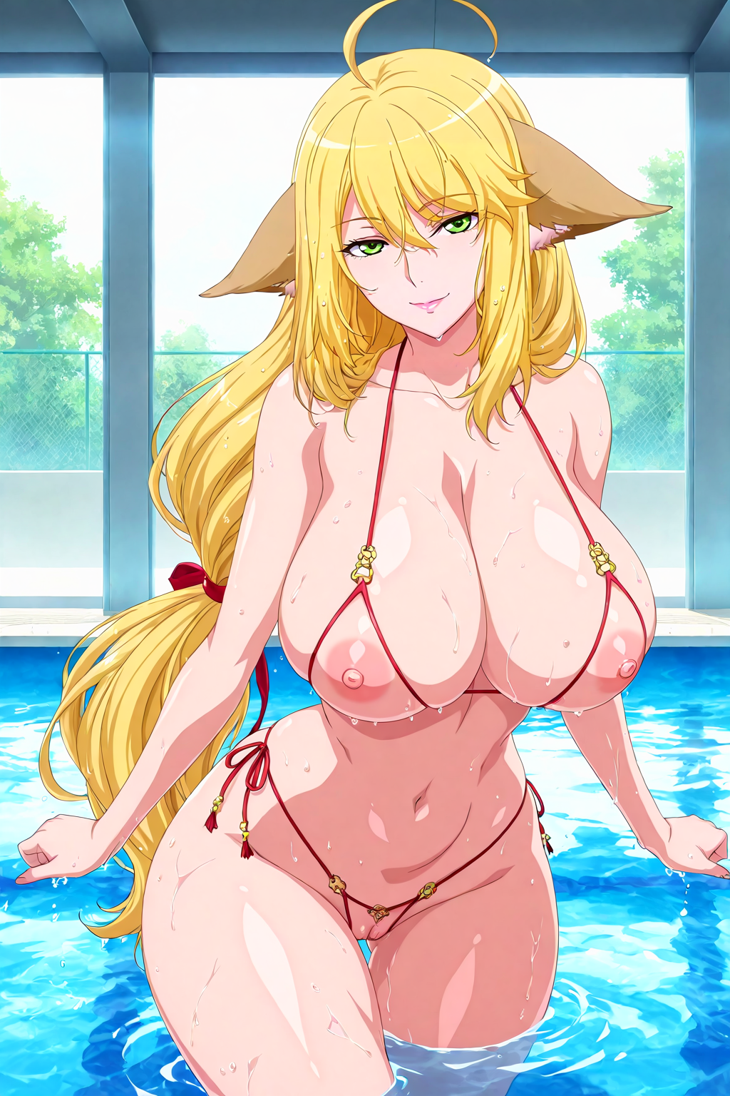 cupless micro bikini,cupless bikini,wet,wet body,wet hair,swimming:1.3,swimming inside pool,
1girl,mature female,milf,pool,huge pool,floating,afloat,huge breasts,narrow waist,wide hips,curvy,heavy breasts,heavy hip,long legs,thighs in water,seductive smile,naughty face,looking at viewer,pussy,
Best quality,masterpiece,soft light,official art,masterpiece,high quality,highres,absurdres,epic scene,natural textures,<lora:Tushan Honghong IL:1>,tushan honghong,long hair,low-tied long hair,animal ears,ahoge,blonde hair,green eyes,fox ears,