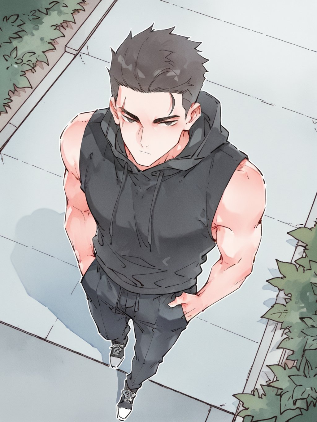 uncensored, intricately detailed illustration, masterpiece, best quality, amazing quality, very aesthetic, absurdres, newest, watercolor (medium), male focus, QiShiAOY, black hair, black eyes, scar across eyes, 1boy, solo, full body, from above, dutch angle, hoodie, black hoodie, sleeveless hoodie, muscular male, pants, black pants, shoes, hands in pocket, hands in hoodie pocket, outdoors