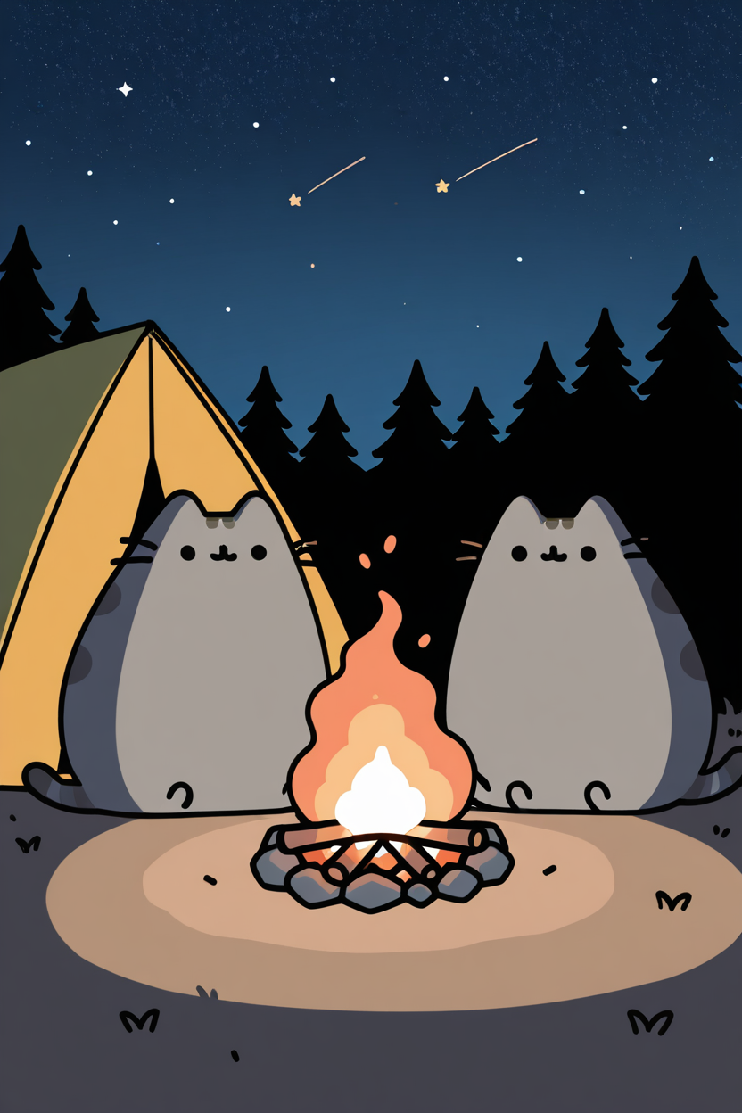 masterpiece, best quality,    pusheen, camping, sitting by a campfire, roasting marshmallows, tent in background, starry sky   ,<lora:PusheenIXL:1.0>,