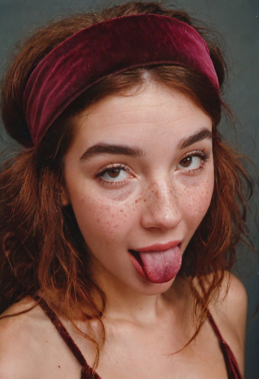 polaroid film photography, Super Closeup Portrait of pureerosface_v1, tongue out, woman with Freckles, tousled Hair and a super fluffy wine red Large corduroy Headband, very detailed face, detailed Hair,