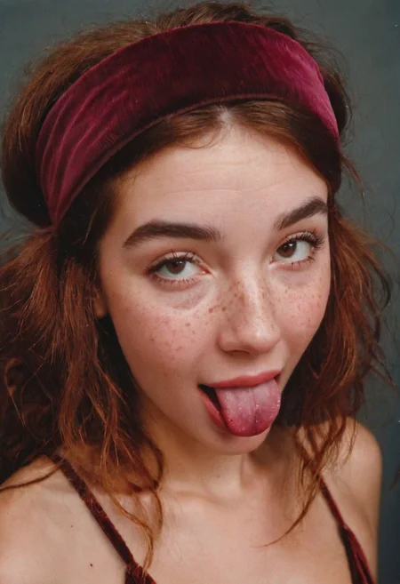 polaroid film photography, Super Closeup Portrait of pureerosface_v1, tongue out, woman with Freckles, tousled Hair and a super fluffy wine red Large corduroy Headband, very detailed face, detailed Hair,