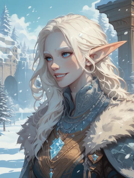 score_9_up, score_8_up, score_7_up, <lora:Pony_QualityV4.0:.75>, solo focus, portrait, headshot, <lora:Expressive_H:1>, Expressiveh, <lora:SnowElfPONY:.8>, snow elf, long hair, white hair, straight hair, white eyelashes, light blue eyes, white skin, freckles, pointy ears, necklace, medium breasts, smiling, teeth, fur coat, long sleeves, ice necklace, winter gloves, fur-trimmed skirt, long skirt, fur boots
, outdoors, landscape, at a mansion, snowing, winter,