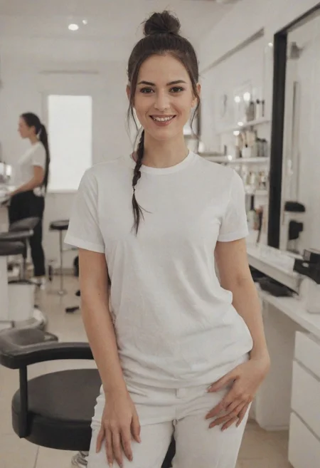 White woman, 30yo, long dark black hair in a ponytail bun, working in a beauty salon Wearing white shirt, white pants, white shoes.
Background fully furnished. women in background.
Woman smirking.
Grainy photo. Film Grain style