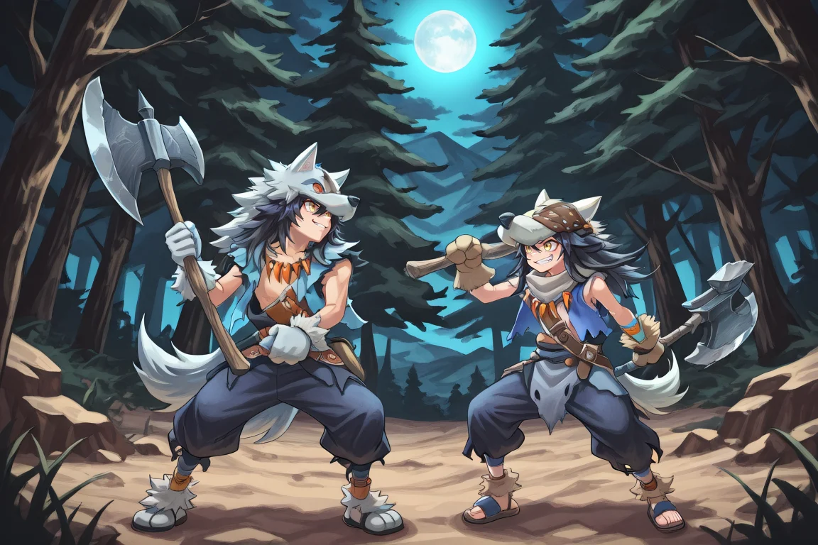 <lora:FlunkyIL:0.8> , fludef, 2boys, black hair, long hair, yellow eyes, wolf hat, wolf hood, wolf pelt, wolf tail, grey scarf, bandana around neck, necklace, tooth necklace, fur trim, blue vest, torn clothes, paw gloves, sandals, full body, wasteland, forest, mountains, exterior, night, smile, holding axe, double-sided axe, great axe, smirk, swinging axe, ((battle)), dueling, attacking, masterpiece, very aesthetic, absurdres, best quality, amazing quality, high resolution, detailed background,  <lora:illustrious_quality_modifiers_masterpieces_v1:0.8> , <lora:ChamIllustriousBackgroundEnhancer:0.5>