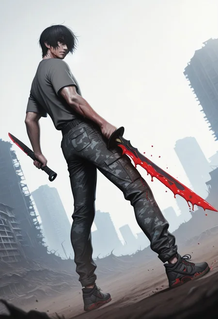 lazypos, ShatterEdge, Blood-soaked weapon, scimitar, 1boy, aged up, black hair, short hair, five-o'clock shadow, grey muscle shirt, camo pants, sneakers, holding sword, sweat, dirt, dutch angle, epic, cinematic, city ruins, depth of field, volumetric lighting, lunging, swiping at viewer, In your face action,