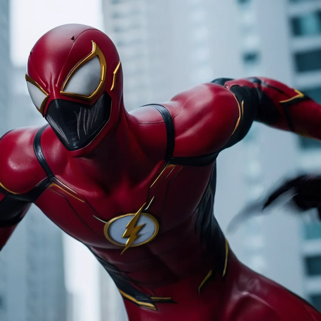 cinematic film still of <lora:Symbiote Style v2:1> Symbiote Style
<lora:comic book magazine:1>
The Flash a man in a red and black outfit flying through the air in super speed comic book magazine style, shallow depth of field, vignette, highly detailed, high budget, bokeh, cinemascope, moody, epic, gorgeous, film grain, grainy