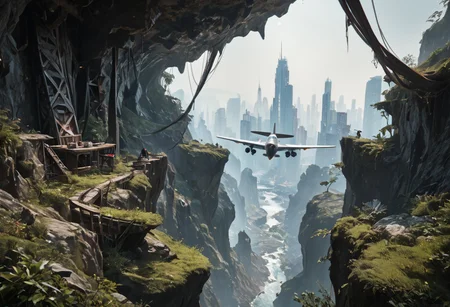 score_9, score_8_up, score_7_up, score_9, score_8_up, score_7_up, HD32K, 8K, absurdres, detailed photorealistic image, dimly lit cave, score_9, score_8_up, score_7_up, score_9, score_8_up, score_7_up, detailed photorealistic image, futuristic figher jet, place, aircraft, flying over an alien cityscape, sci-fi