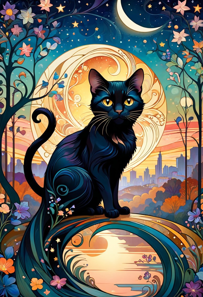 one black cat, in Alphonse Mucha poster style|
masterpiece|
Black American domestic cat|
against a composition |
art nouveau, organic, flowery background|
small dancing playful mice in the background|
lithography, muted colors|
DOWDOW
 Dreamyvibes artstyle, Surreal landscape blending day and night, where a river of stars divides a cityscape merging with a forest. Architectural elements float, defying gravity, with a backdrop of a sunset and moonrise, High detail, ethereal glow, and vibrant color palette, anime style