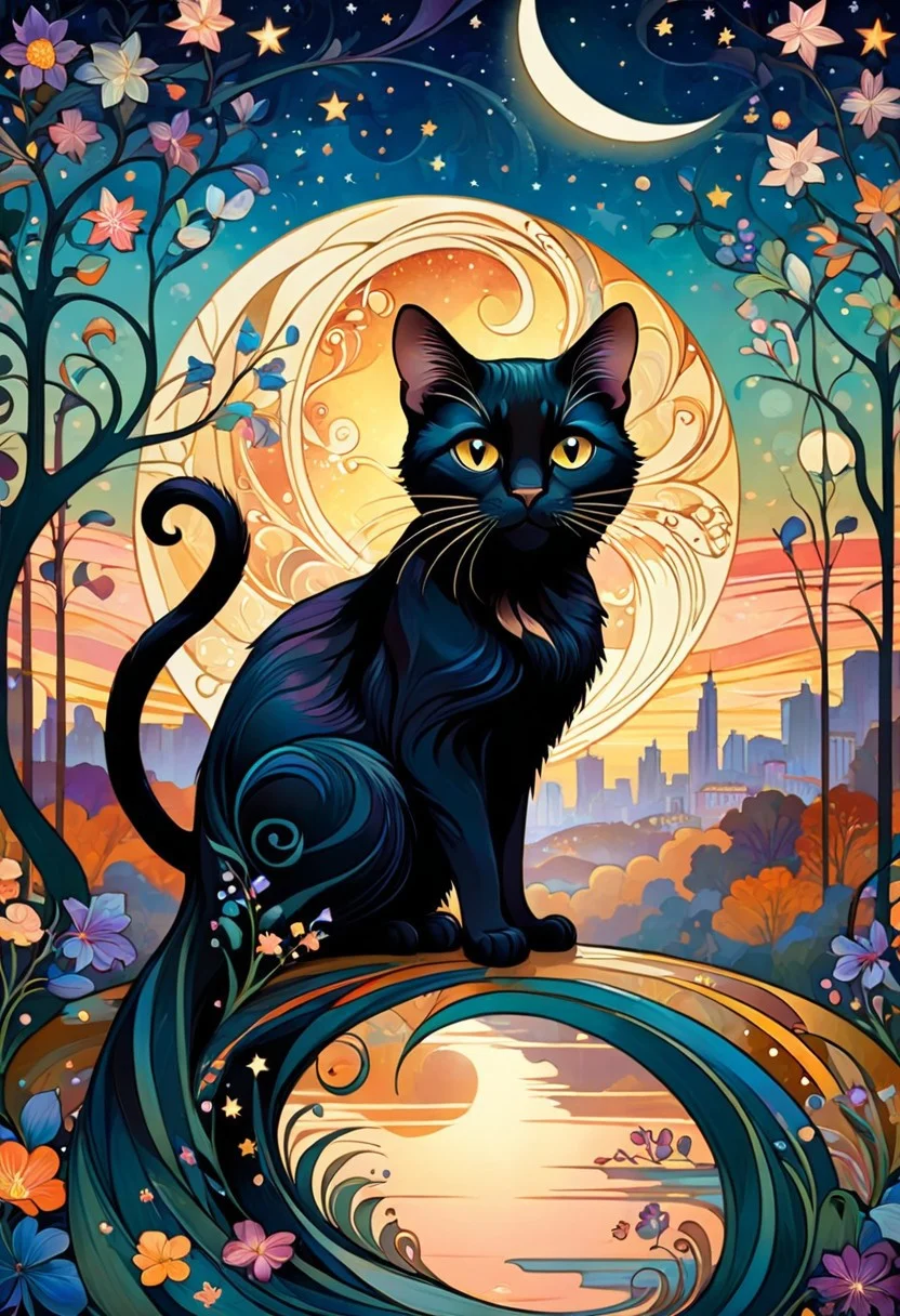 one black cat, in Alphonse Mucha poster style|
masterpiece|
Black American domestic cat|
against a composition |
art nouveau, organic, flowery background|
small dancing playful mice in the background|
lithography, muted colors|
DOWDOW
Dreamyvibes artstyle, Surreal landscape blending day and night, where a river of stars divides a cityscape merging with a forest. Architectural elements float, defying gravity, with a backdrop of a sunset and moonrise, High detail, ethereal glow, and vibrant color palette, anime style