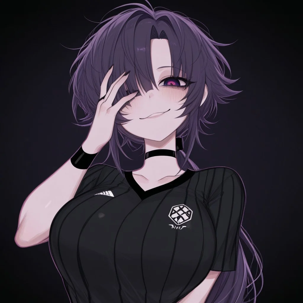 ng_deepnegative_v1_75t, easynegative, us4styl3, black soccer uniform, soccer, Goth girl, Goth girl 1girl, purple hair, low ponytail, Wild Shaped Bangs, wild bangs. unkept bangs, right bang covering eye, messy hair, violet eye color, black ponytail elastic band, anime, big breasts, yandere, looking at viewer, smug face, masterpiece, 4k, high quality