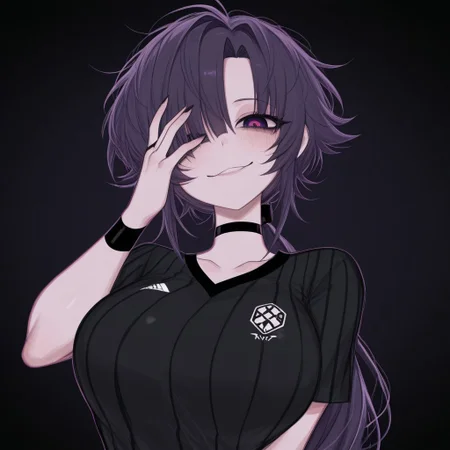 ng_deepnegative_v1_75t, easynegative, us4styl3, black soccer uniform, soccer, Goth girl, Goth girl 1girl, purple hair, low ponytail, Wild Shaped Bangs, wild bangs. unkept bangs, right bang covering eye, messy hair, violet eye color, black ponytail elastic band, anime, big breasts, yandere, looking at viewer, smug face, masterpiece, 4k, high quality