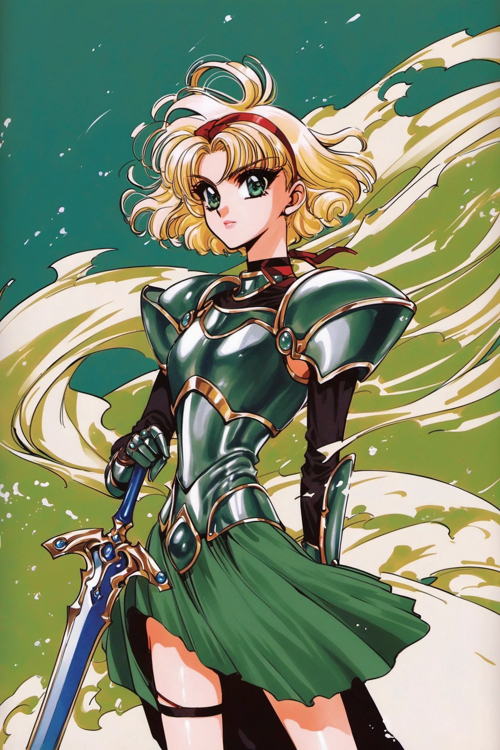 Hououji Fuu,1girl,sword,weapon,solo,green armored dress,armor,short hair,hairband,blonde hair,green eyes,dress,choker,up body,retro artstyle,1990s \(style\),wind,green background,<lora:Magic knight Rayearth_XL:0.8>,