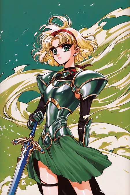 Hououji Fuu,1girl,sword,weapon,solo,green armored dress,armor,short hair,hairband,blonde hair,green eyes,dress,choker,up body,retro artstyle,1990s \(style\),wind,green background,<lora:Magic knight Rayearth_XL:0.8>,