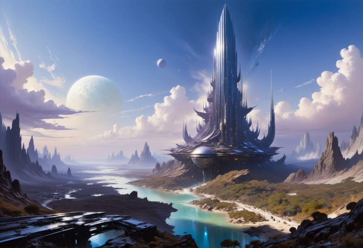 A futuristic cityscape at dusk. The central focus is an immense, towering skyscraper with a sleek, reflective surface that reflects the soft, ambient light of the setting sun. The building's design is futuristic, with a tapering top and a complex, organic base that seems to blend seamlessly with the landscape. In the foreground, a serene river runs through a valley lined with lush, green trees. Bridges and elevated walkways connect the base of the skyscraper to the surrounding buildings. The buildings in the foreground are more modest in size, with a mix of glass and metallic facades, indicating modern architecture. In the background, the cityscape stretches into the distance, showcasing a variety of skyscrapers and high-rises, some of which are needle-like, indicating a focus on verticality and density. The sky is a gradient of deep blues and purples, with scattered, fluffy clouds casting shadows on the buildings below. The overall color palette is cool and serene, with the soft lighting enhancing the futuristic, utopian atmosphere of the scene. big white moon in the background