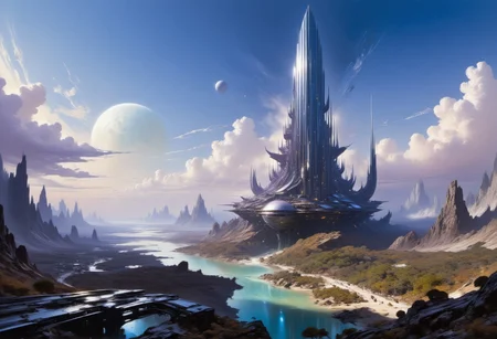 A futuristic cityscape at dusk. The central focus is an immense, towering skyscraper with a sleek, reflective surface that reflects the soft, ambient light of the setting sun. The building's design is futuristic, with a tapering top and a complex, organic base that seems to blend seamlessly with the landscape. In the foreground, a serene river runs through a valley lined with lush, green trees. Bridges and elevated walkways connect the base of the skyscraper to the surrounding buildings. The buildings in the foreground are more modest in size, with a mix of glass and metallic facades, indicating modern architecture. In the background, the cityscape stretches into the distance, showcasing a variety of skyscrapers and high-rises, some of which are needle-like, indicating a focus on verticality and density. The sky is a gradient of deep blues and purples, with scattered, fluffy clouds casting shadows on the buildings below. The overall color palette is cool and serene, with the soft lighting enhancing the futuristic, utopian atmosphere of the scene. big white moon in the background